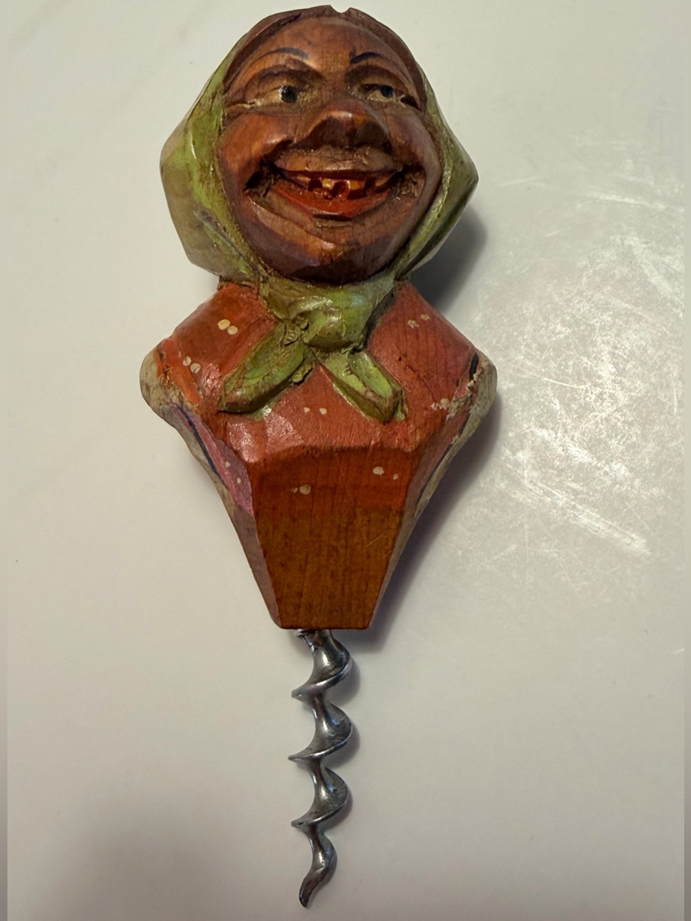 Vintage Anri Hand Carved Wood Laughing Woman Wine Corkscrew